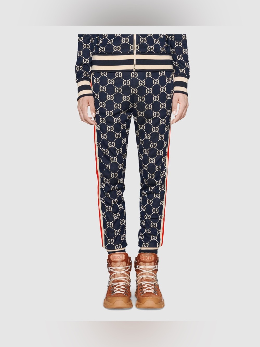 Gucci Navy GG Monogram Joggers with Red Side Stripes